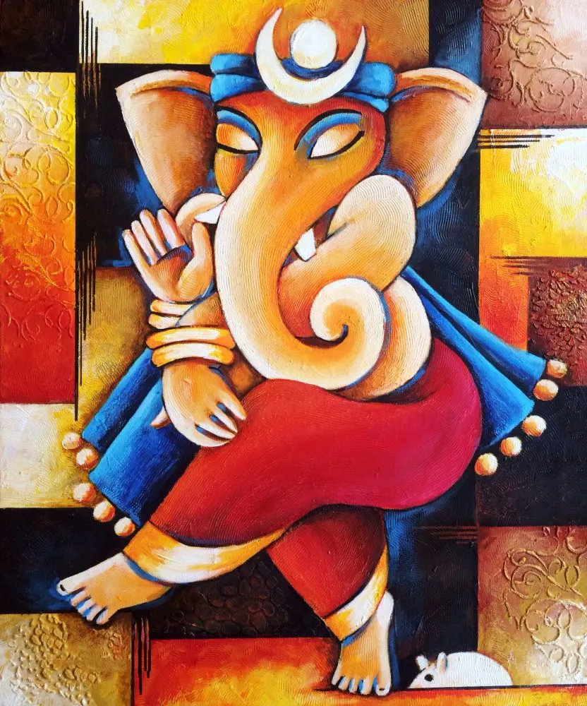 A contemporary seated Ganesha wearing a crescent moon, set against warm geometric blocks of colour