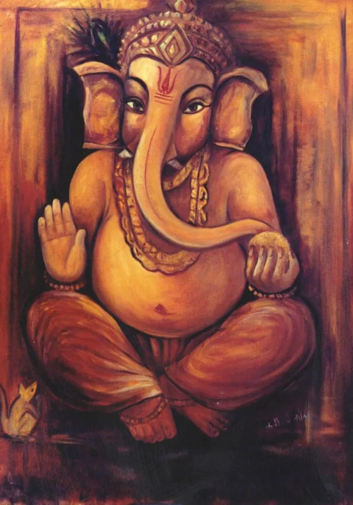 A warm, earthy oil-painting-style Ganesha seated with a raised hand in blessing