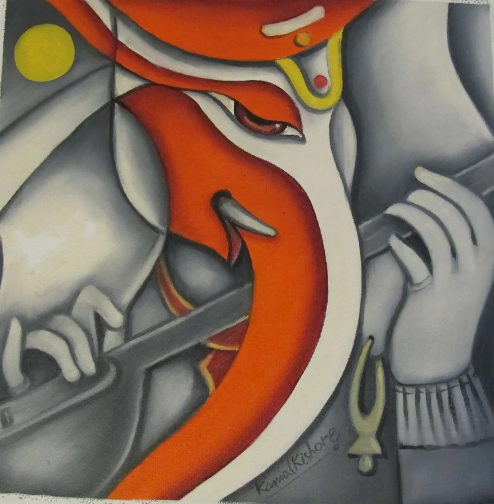 A grey-toned abstract Ganesha with a single bold orange trunk, holding a flute