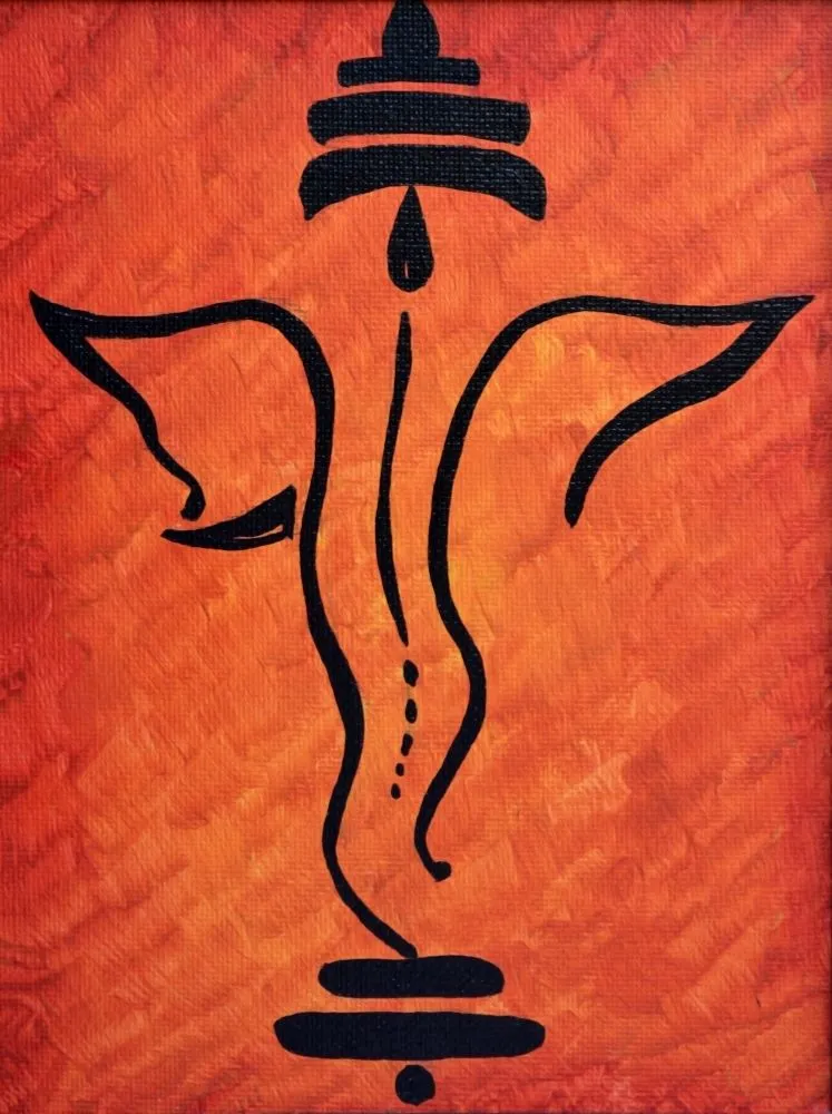 A minimal Ganesha drawn in a few bold black brushstrokes on a textured orange ground