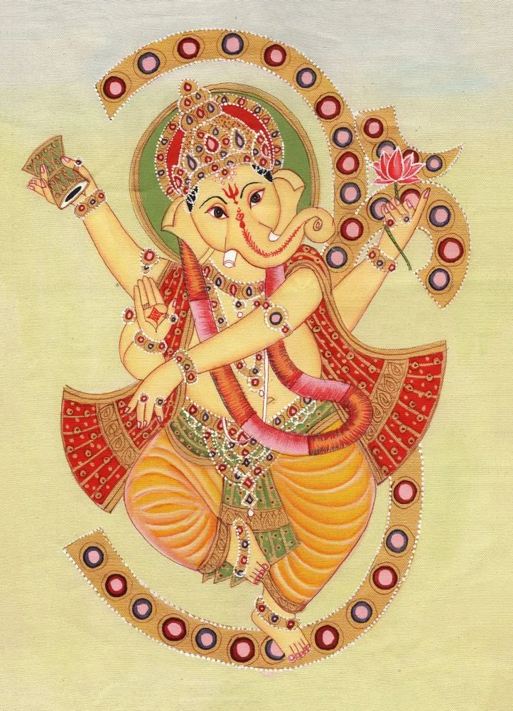 A finely detailed dancing Ganesha in red and gold on cream, framed by an arc of dotted ornaments