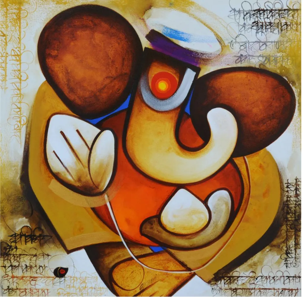 A contemporary abstract Ganesha with large brown ears and a white cap, on warm ochre with script details