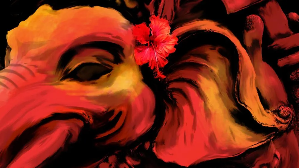 An expressive red and orange Ganesha face with a hibiscus bloom, emerging from deep black