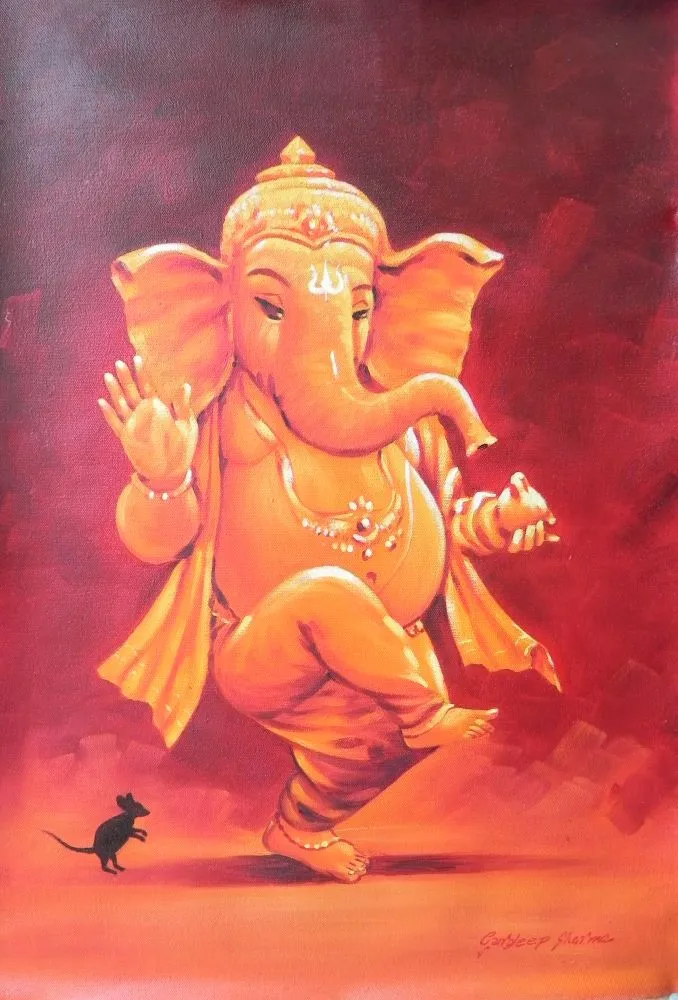 A softly painted dancing Ganesha in glowing peach and orange tones on a maroon background, with his mouse