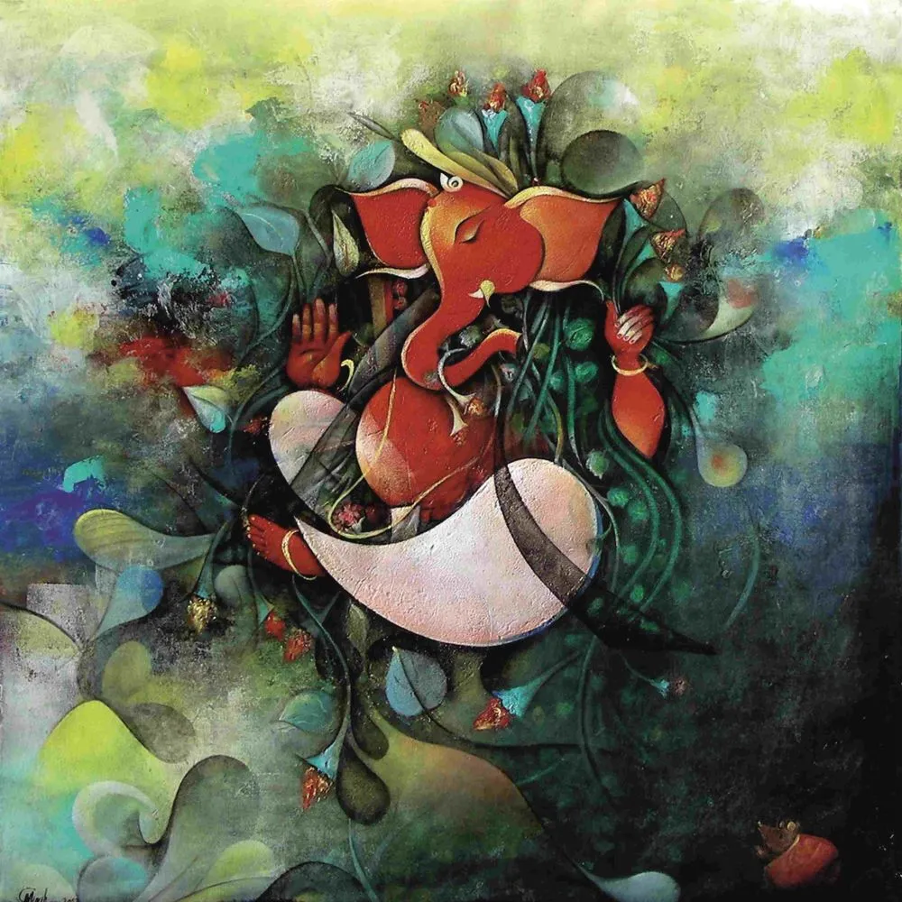 An abstract red Ganesha emerging from swirling teal and green foliage, in a painterly contemporary style