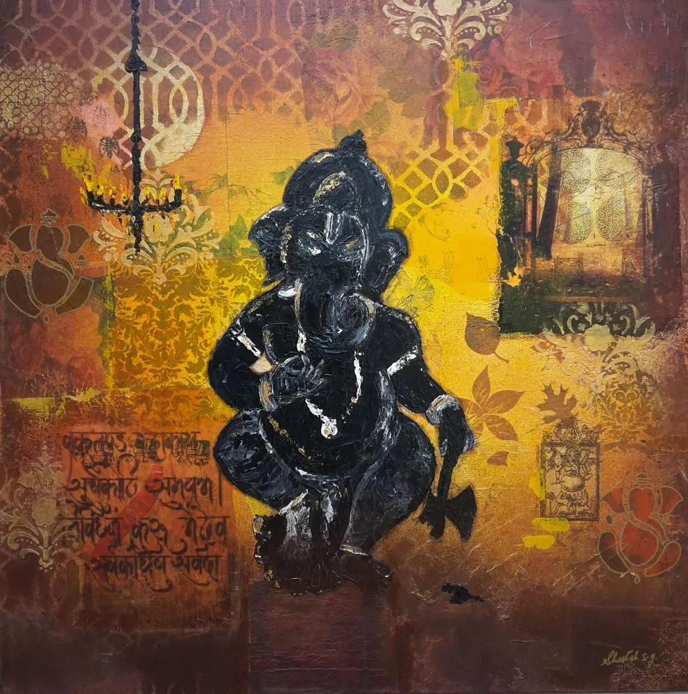 A dark charcoal Ganesha silhouette on a layered rust and ochre collage with Devanagari script