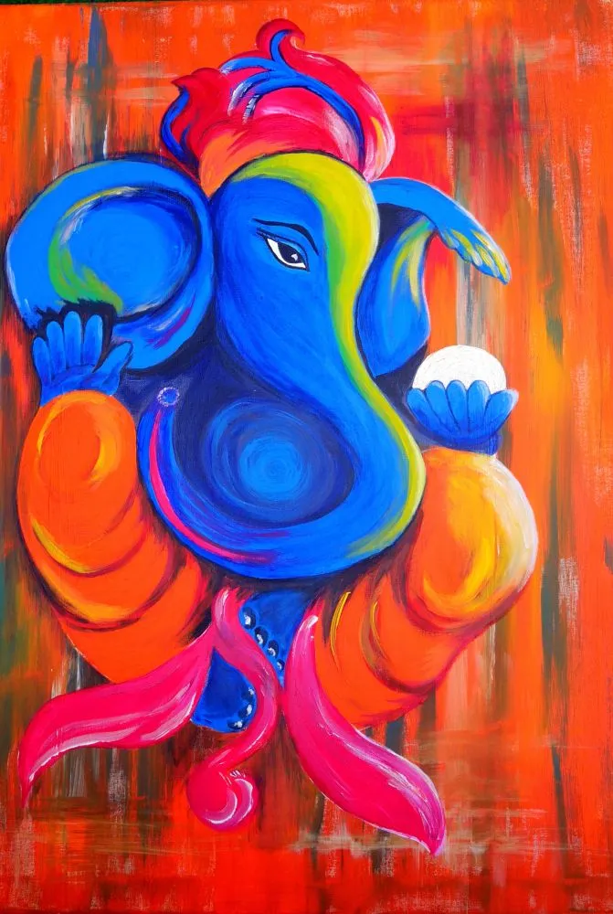 A vibrant, expressive Ganesha in electric blue, orange and pink on a streaked red background