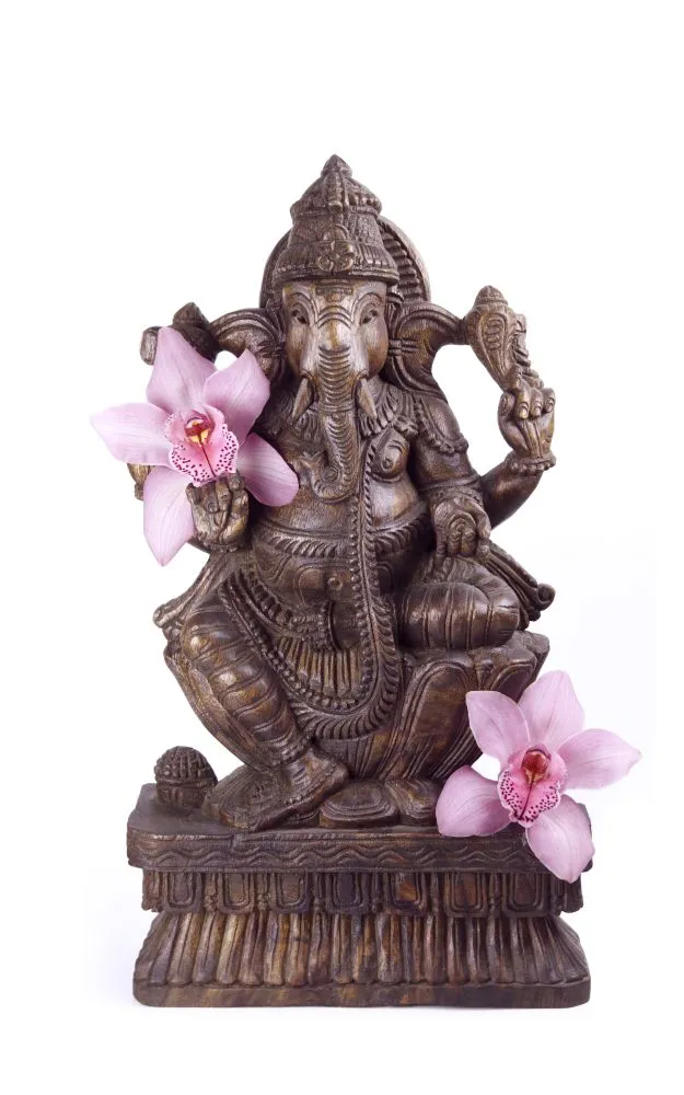 A photograph of a carved Ganesha statue framed by pale pink orchids on a clean white background
