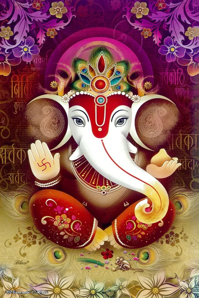 A white Ganesha face with a red-and-gold jewelled crown, framed by ornate purple florals