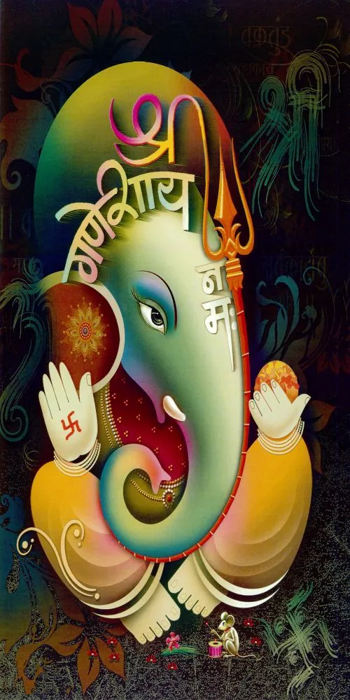 A green-gold Ganesha merged with flowing 'Shri Ganeshaya' Devanagari calligraphy on a dark background