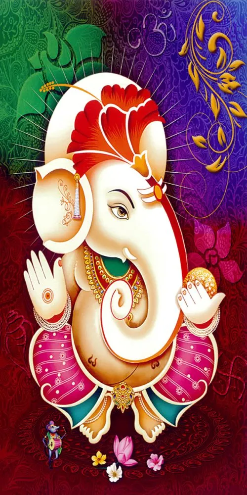 A tall white Ganesha with red-gold ears and garments on a maroon and violet floral background