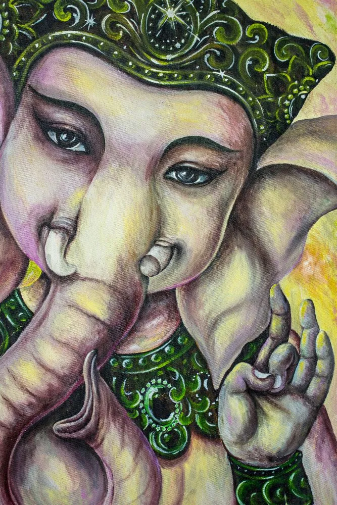 A softly painted close-up of Ganesha with lilac-grey skin, a green jewelled crown and a blessing hand
