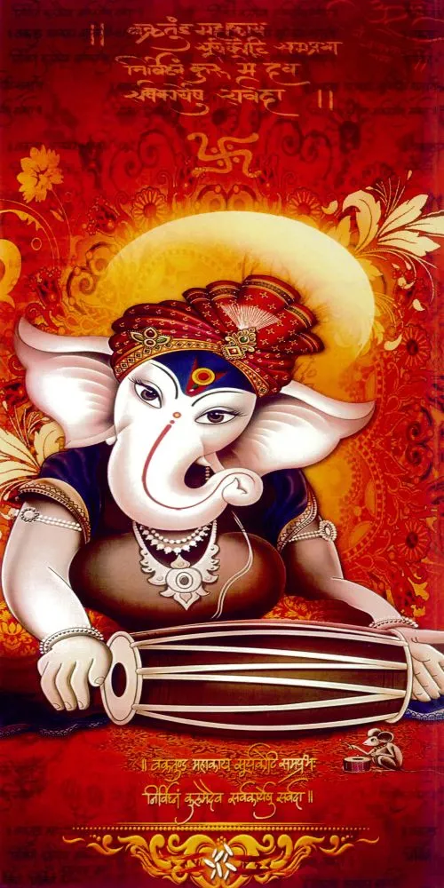 A turbaned Ganesha playing a dholak, set on a festive red and gold background with Devanagari text