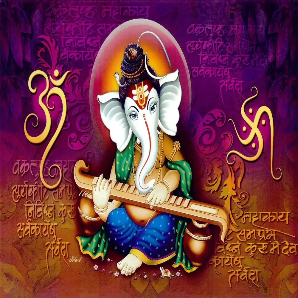 Ganesha playing a veena on a deep purple ground, surrounded by golden Om symbols and mantra text