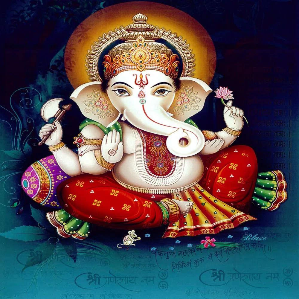 A seated white-and-gold Ganesha in a red patterned dhoti, glowing against a deep teal background