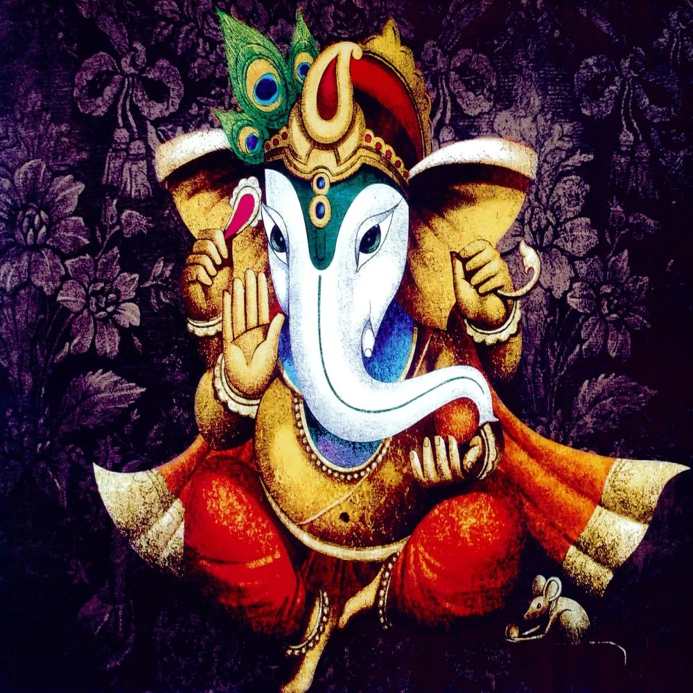 A seated Ganesha with a peacock-feather crown and white trunk, set against dark floral damask