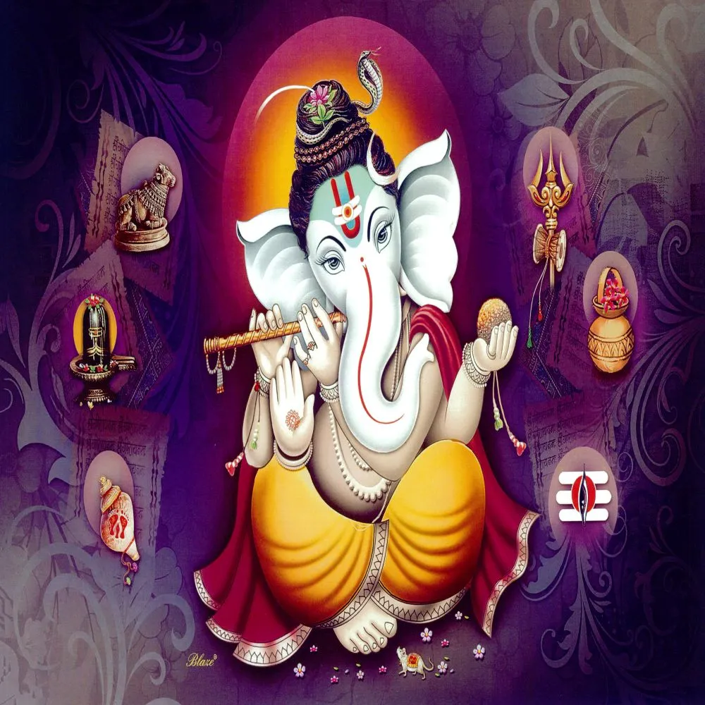 Ganesha playing a flute, seated in yellow garments against a glowing purple background with ritual objects