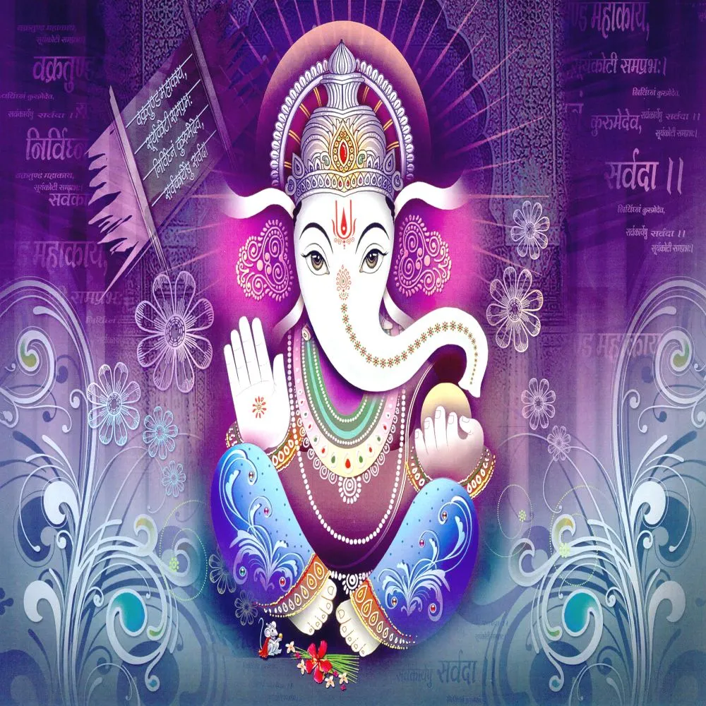 A white Ganesha with a pink and blue glow, framed by silver-violet ornamental scrollwork and script