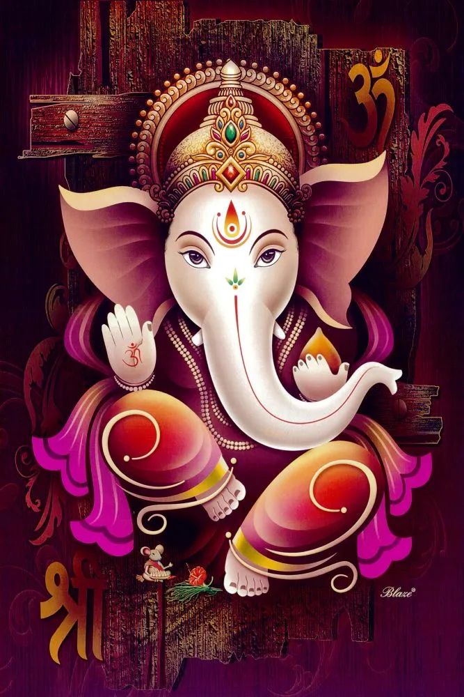 A white-and-pink seated Ganesha on a dark plum background marked with Om and Shri