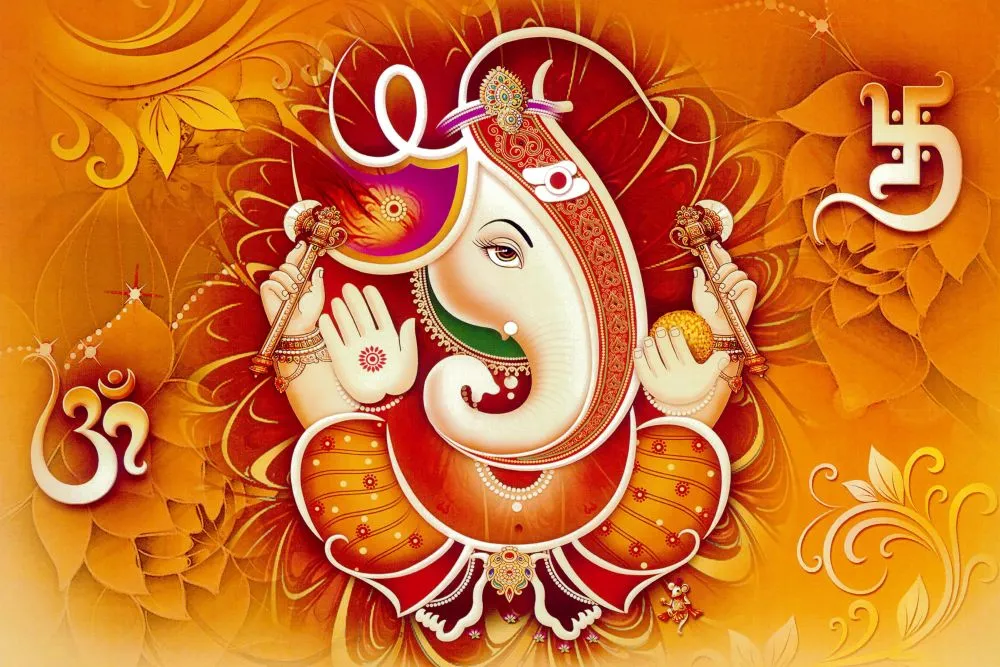 A stylised graphic Ganesha in orange and red flourishes, with Om and swastika symbols on a saffron ground