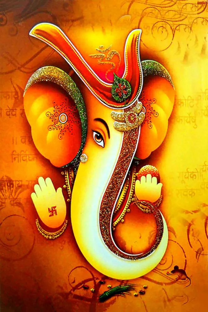 A stylised Ganesha with a long golden trunk and swastika-marked hands on a fiery orange-red ground