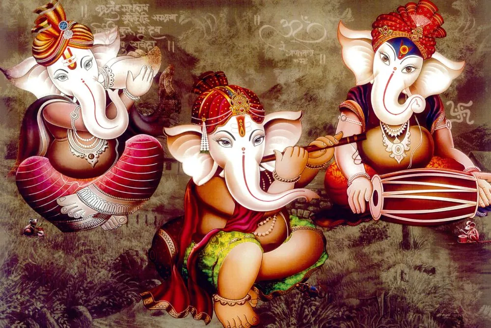 Three cheerful Ganesha figures playing drums and a flute against a muted grey-brown background