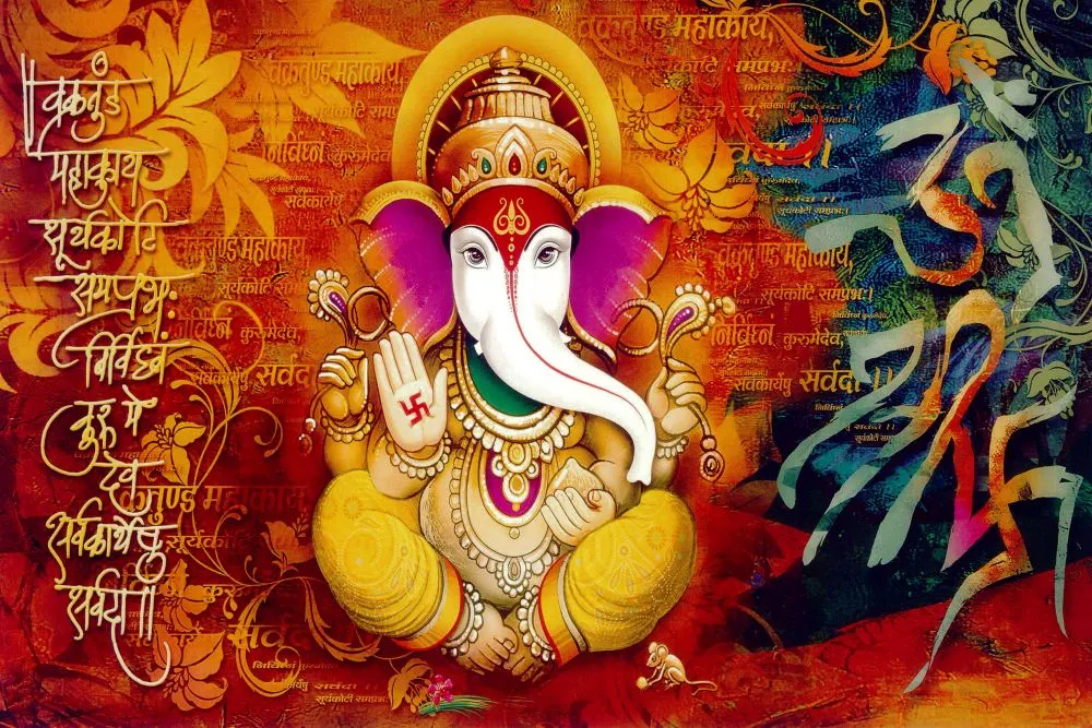 A seated Ganesha on a fiery red-orange ground, beside flowing Vakratunda mantra calligraphy and Om