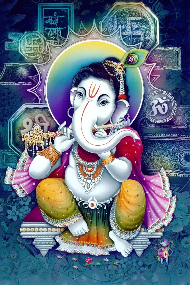 A white Ganesha playing a flute with a peacock feather in his crown, framed by ornate teal and blue panels