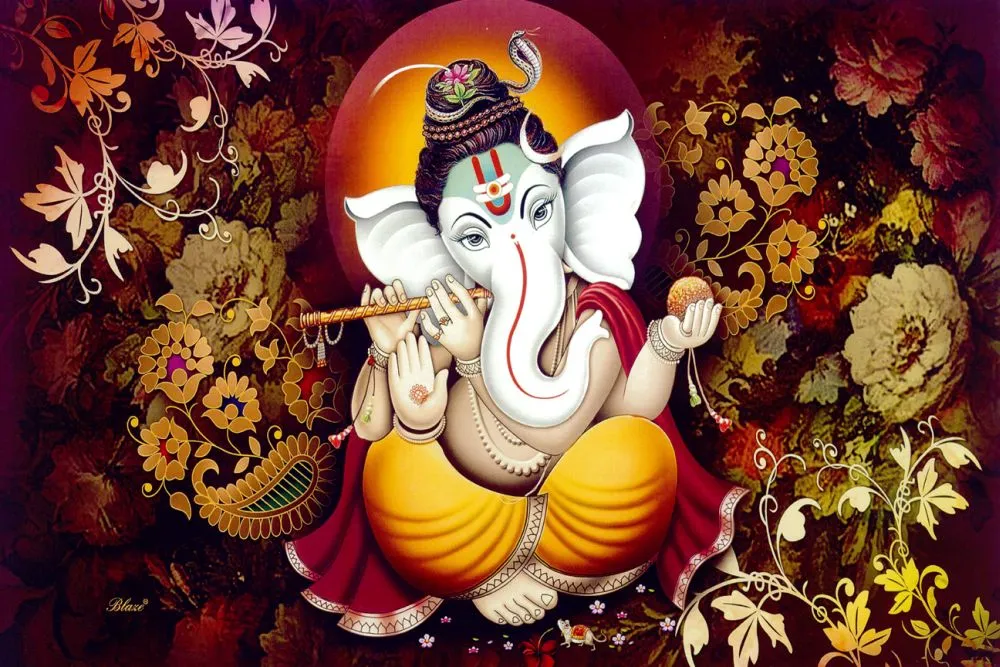 Ganesha playing a flute within a golden halo, surrounded by dark, richly detailed florals