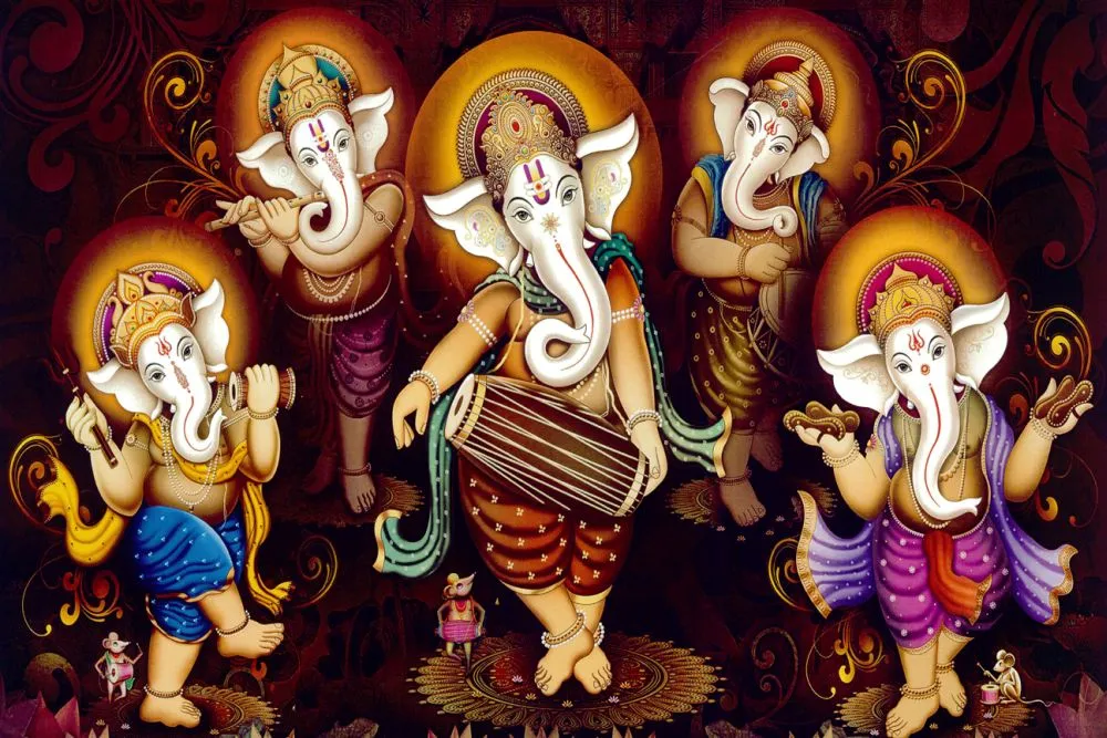 Five Ganesha figures playing drums and flutes together, glowing against a dark warm background