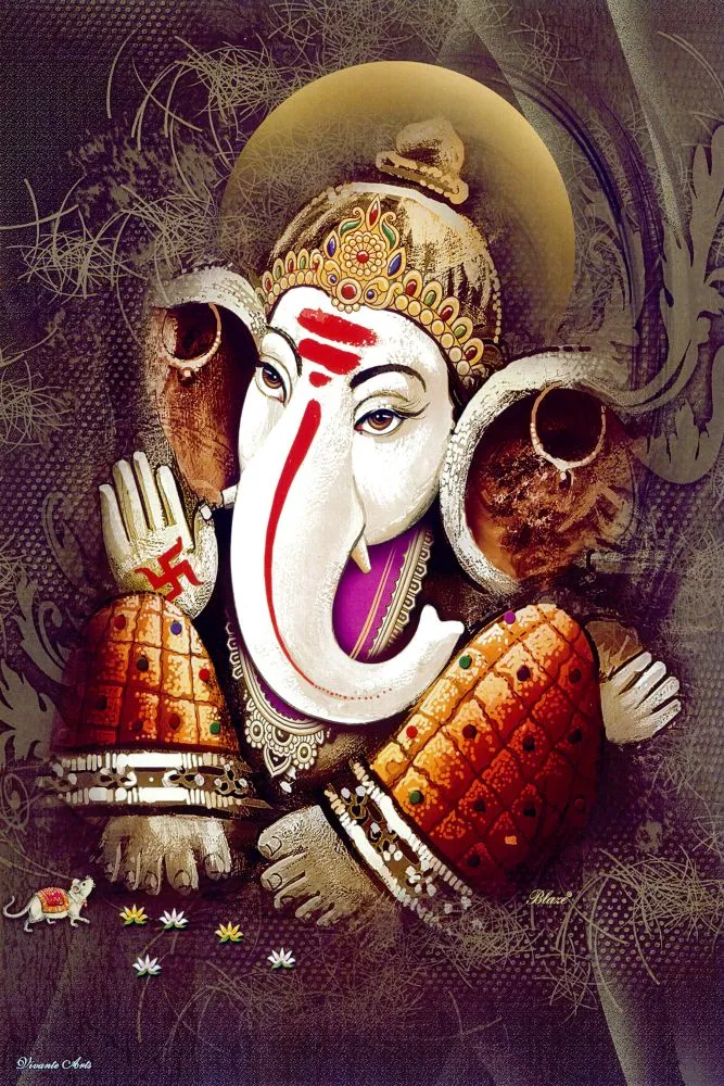 A close-up white Ganesha with red markings and gold armlets, set against swirling sepia-brown tones