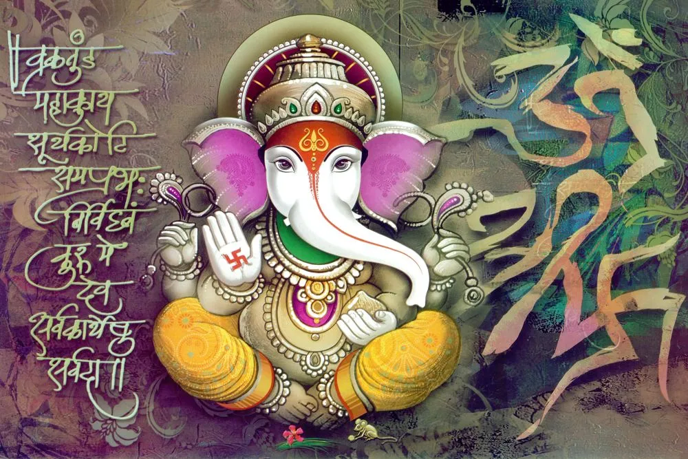 A seated Ganesha beside Vakratunda mantra calligraphy and a sweeping Om, on a muted olive ground