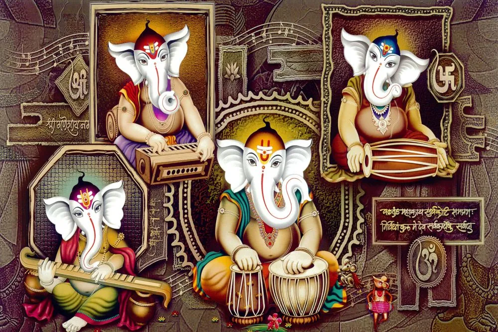 Four Ganesha musicians in ornate framed panels, playing harmonium, drums and veena in warm bronze tones