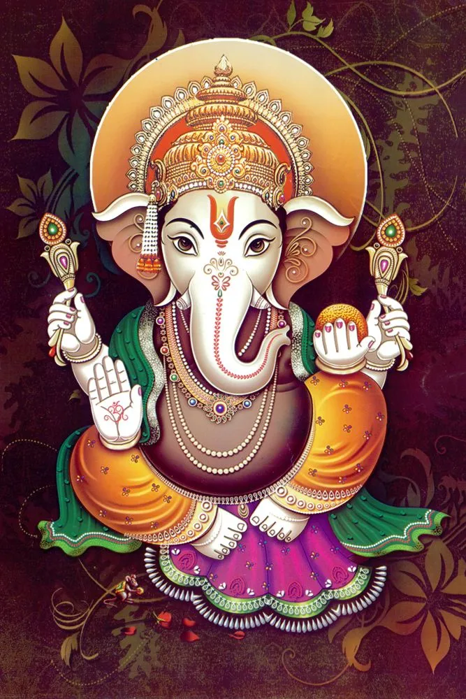 A seated Ganesha in orange and gold, raising a hand in blessing before a radiant halo on a dark floral ground