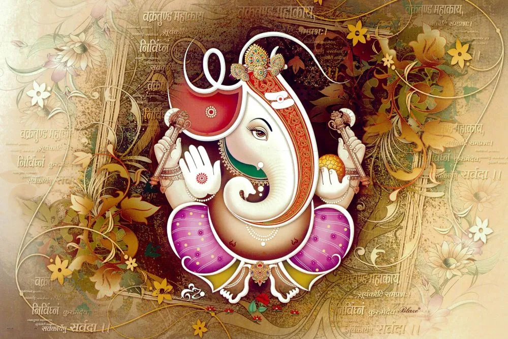 A stylised pink-and-white Ganesha framed by golden autumn florals on a soft cream background