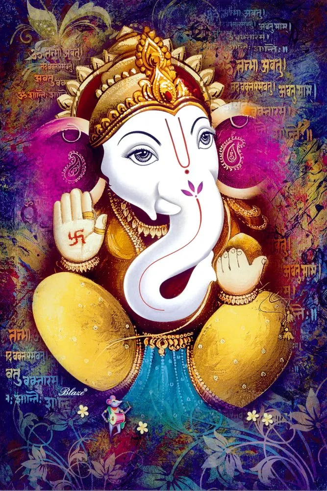 A white Ganesha with golden ears and a blessing hand, set amid vivid purple and blue colour splashes
