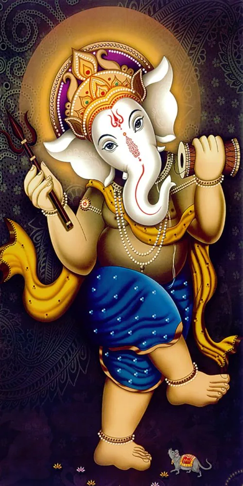 A white Ganesha dancing with a golden halo, in a blue dhoti against a deep night-dark background