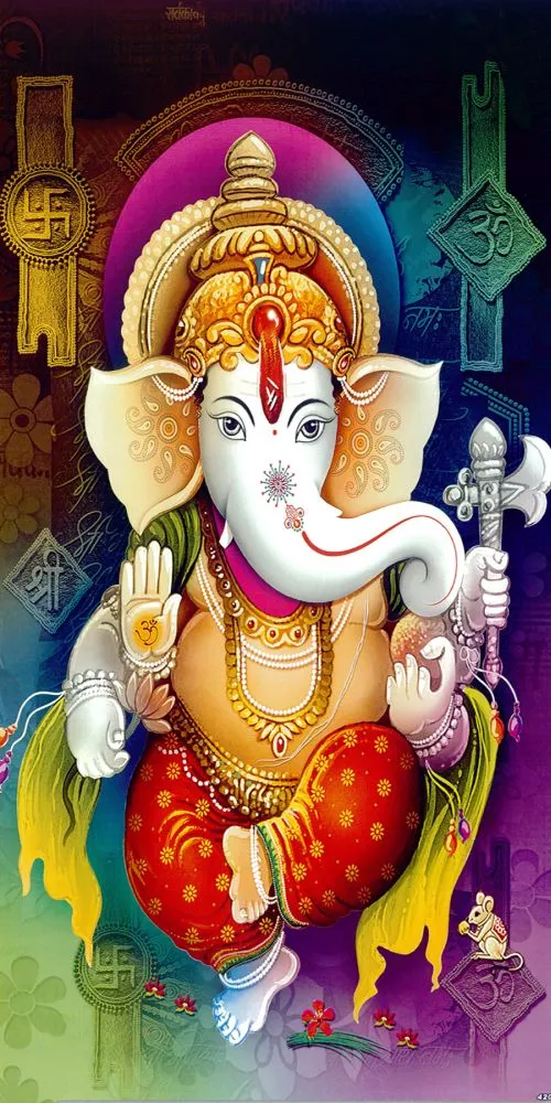 A tall standing white-and-gold Ganesha emerging from swirls of colourful smoke, with Om and swastika marks