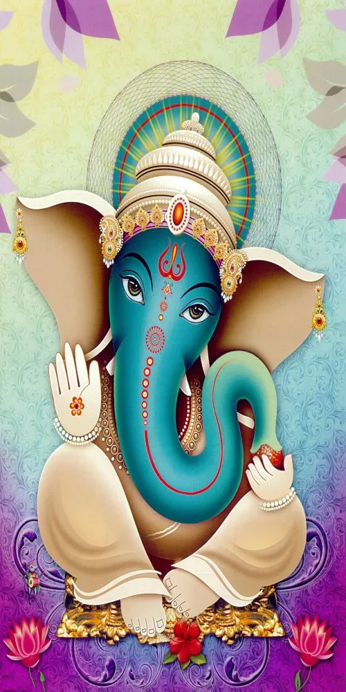 A serene teal-skinned Ganesha seated cross-legged, framed by a green halo and pastel purple tones