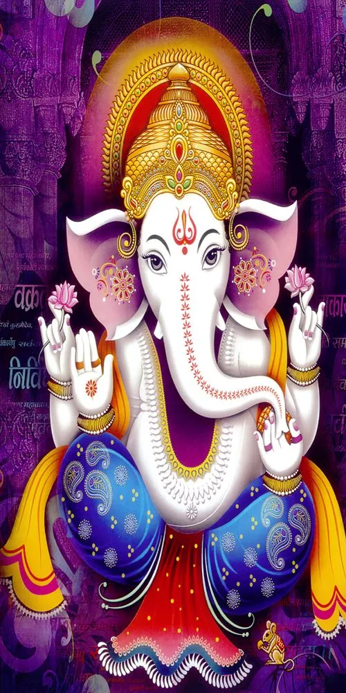 A tall white Ganesha holding pink lotuses, dressed in blue and red, against a glowing violet background