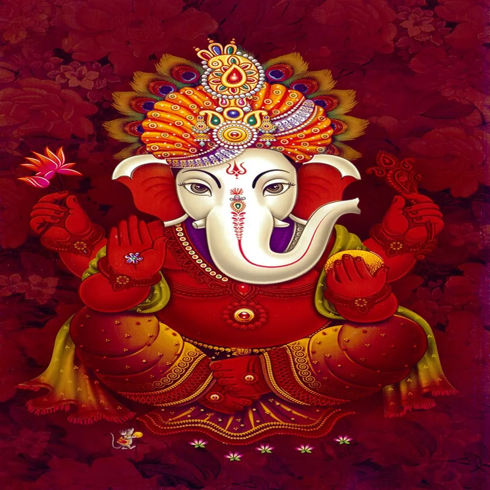 A red-robed Ganesha in a jewelled turban, seated with arms raised against a deep red floral ground