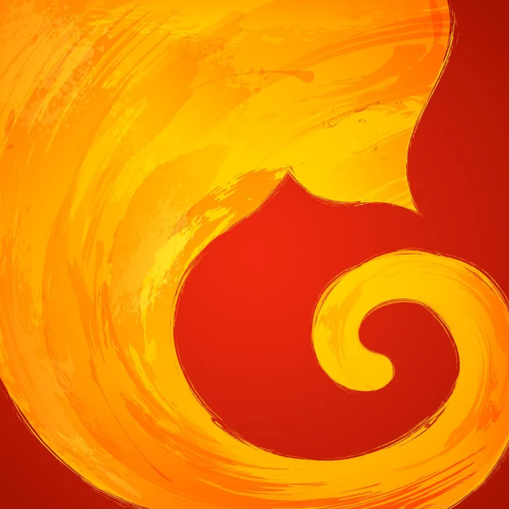 A bold abstract swirl in saffron, orange and red that suggests the curl of Ganesha's trunk