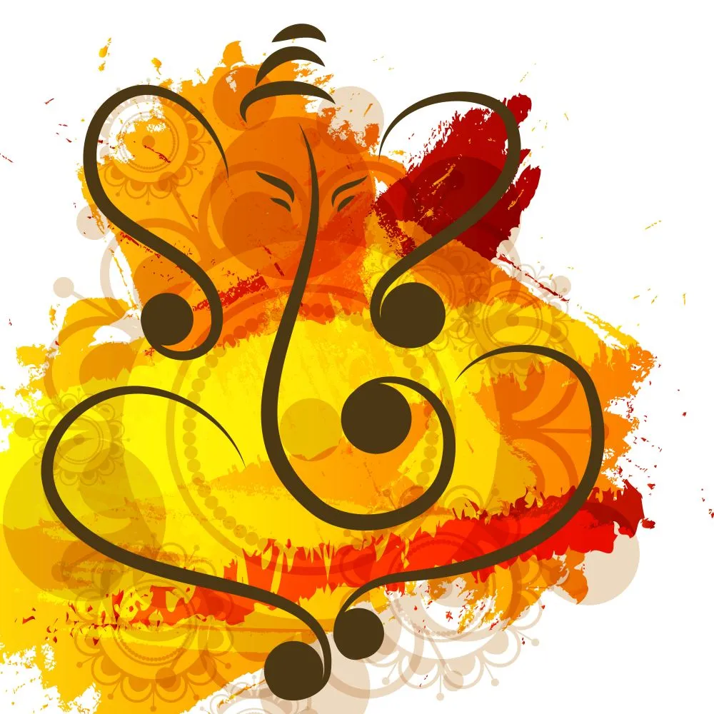 A calligraphic dark-line Ganesha drawn over a bright splash of yellow, orange and red paint on white