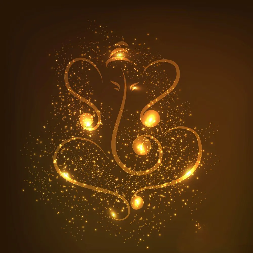 A glowing outline of Ganesha traced in golden light trails and sparks on a deep brown background