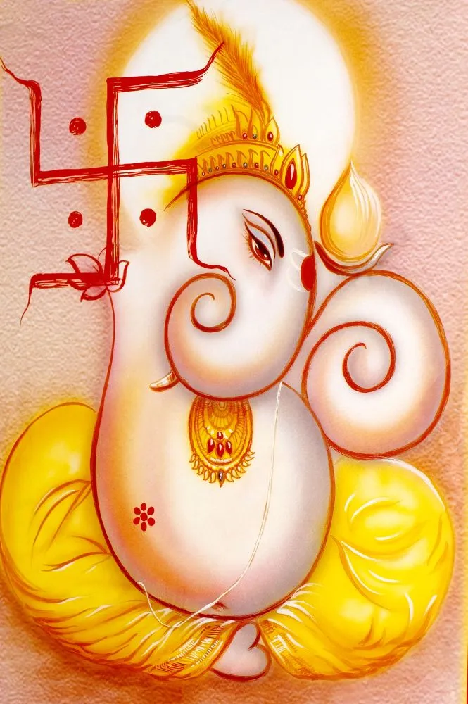 A soft white Ganesha drawn in curling lines, with a red swastika and warm yellow-gold tones
