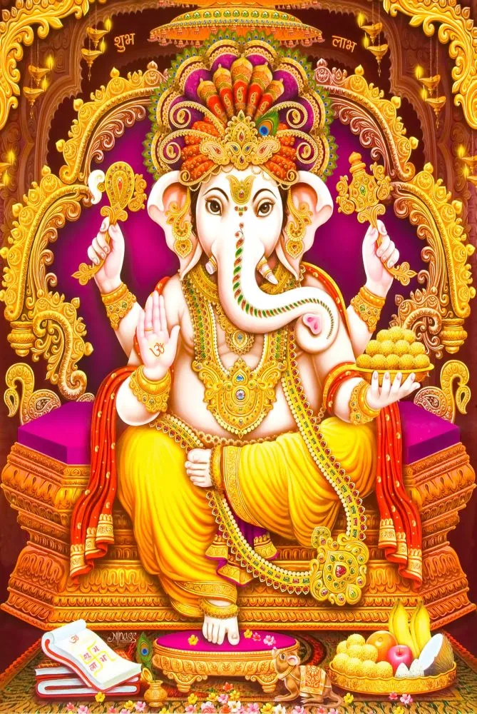 A richly decorated Ganesha on an ornate golden throne, with sweets, a ledger and offerings at his feet