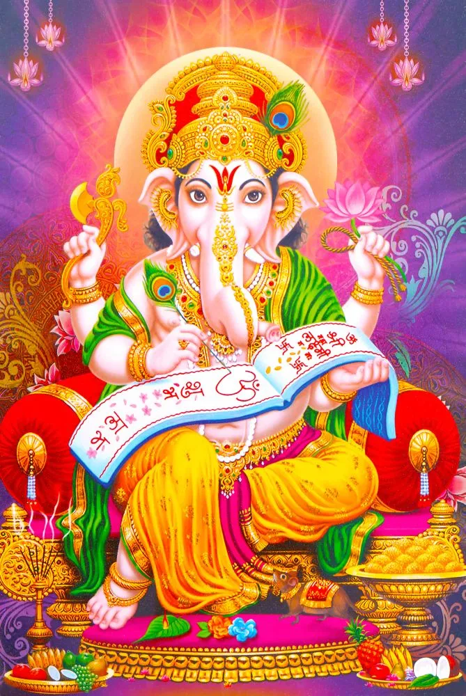 Ganesha seated with a scroll, writing, against radiating pink and purple light with lamps beside him
