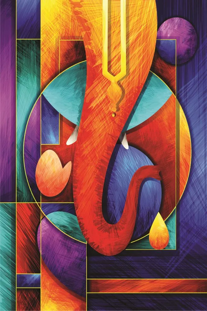 A cubist Ganesha in stained-glass-like planes of violet, teal, orange and deep blue