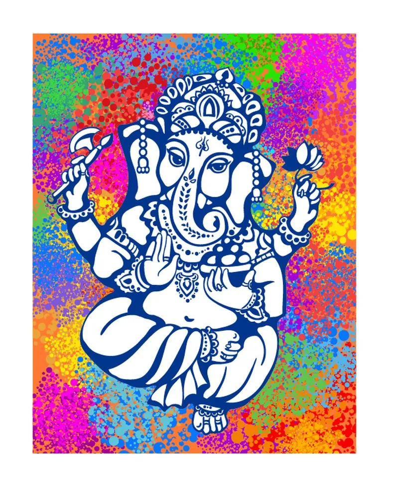 A white line illustration of a four-armed Ganesha set over a rainbow splatter of Holi-like colour