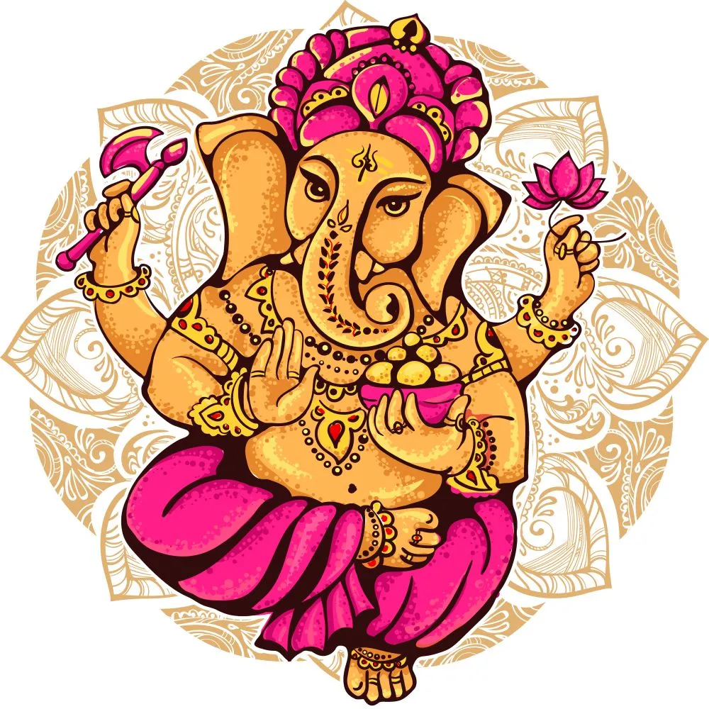 A cheerful illustrated Ganesha in pink and saffron, seated over a delicate white mandala lace pattern